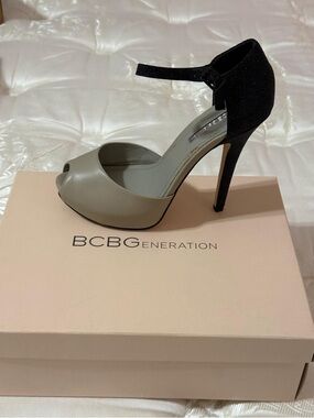 BCBGeneration Two-Tone Peep-Toe Ankle Strap Pump in Gray and Black